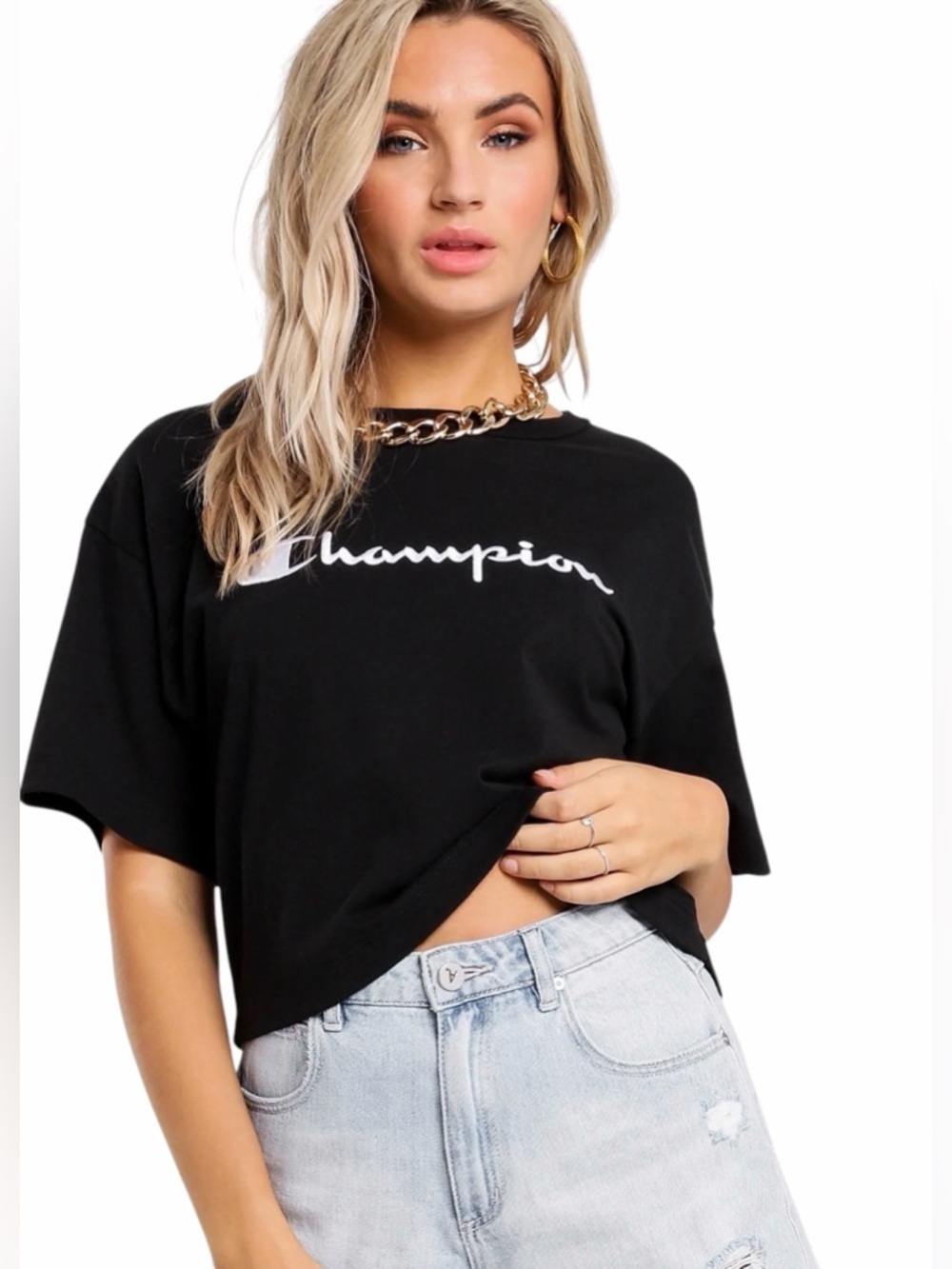 Champion - Logo Heritage Large Script Crop Cotton T-Shirt
